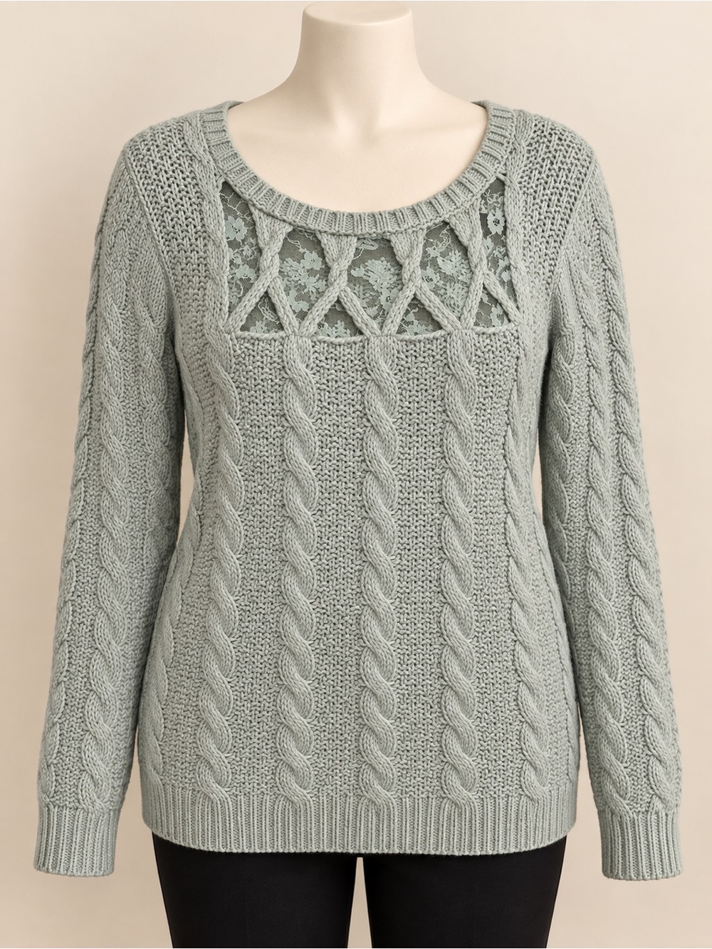 LC Lauren Conrad Sage Green Cable Knit Sweater with Lace Yoke